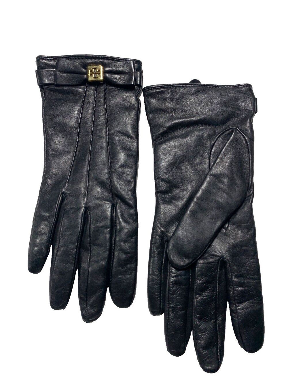 Tory Burch Black Leather Bow Gloves Cashmere Lined 7 M
